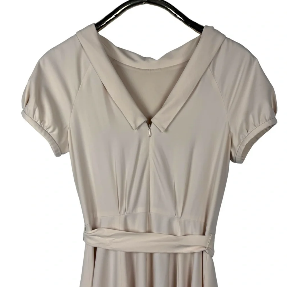 GAL MEETS GLAM ELEANOR PUFF SLEEVE TIE WAIST CREAM SATIN TWILL DRESS